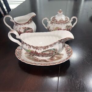 Johnson Brothers Heritage Hall Gravy Boat & Under Plate,  Sugar And Cream Bowl